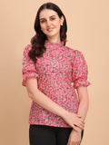Wedani Women'S Casual Puff Sleeves Ruffled Collor Foral Top (Large Light Pink),Light Pink,L,Rayon,Regular,