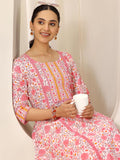 Libas Womens Printed Cotton A-Line Kurta With Palazzos Peach M