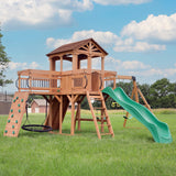 Backyard Discovery Sterling Point Cedar Wood Swing Set with Wave Slide, Raised Clubhouse, Wooden Bridge, Rock Wall, Belt Swings,