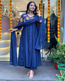 Anni Designer Women'S Rayon Viscose Anarkali Printed Kurta With Pant & Dupatta (Jisma Blue_M_Blue_Medium),Blue,M,,,