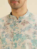 Manyavar Men'S Linen Blend Floral Print Short Kurta (Aqua Green,Xxxl)
