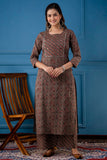 Anni Designer Women'S Cotton Blend Traditional Straight Printed Kurta And Palazzo Set (Janar Dark Brown Nw_S_Dark Brown_Small),Dark Brown,S,Cotton Blend,Regular,Dupatta, Palazzo