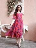 Smowkly Women'S Georgette Floral Printed Indo-Western Ethnic Gown || Half Sleeve V Neck Fit & Flare Flared Hem Design || Casual Wear A-Line Maxi Dress 1324_Pnk_L Pink
