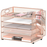 SUPEASY 5 Tier Desk Organizer with Handle & Removable Pen Holders, Mesh Paper/File Organizer for Office Supplies, Rose Gold