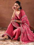 Libas Womens Embroidered Silk Blend Straight Kurta With Palazzos And Dupatta Pink Xl 49220