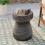 COSIEST Outdoor Side Table with Chessboard, 14'' Round Concrete Lightweight Faux Wooden Multi-Use End Table Garden Stool Log Sty