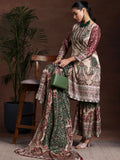 Libas Womens Printed Silk Blend Straight Kurta With Sharara And Dupatta Beige Xl