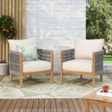 Christopher Knight Home Havets Patio Club Chairs Set of 2, Acacia Wood Accent Chair, Woven Rope Open Back Armchair, 6 Thick Cush
