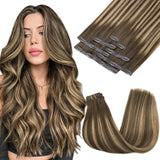 MAXITA Clip in Hair Extensions Real Human Hair, 7pcs 150g Balayage Chocolate Brown to Caramel Blonde 20 Inch, Seamless Hair Exte