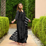 Anni Designer Women'S Rayon Blend Straight Bandhej Printed Kurta With Pant & Dupatta (Baghira Black-Vks01_Xxl_Black_Xx-Large),Black,2XL,,,