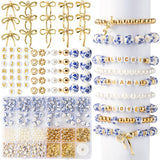 OSNIE Blue Flower Ceramic Beads - 681Pcs Vintage Blue Flower Printed Spacer Beads, Round Porcelain Pearl Gold Bead Making Kit fo