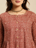 Rangita Rust Cotton Calf Length Printed Tiered Flared Kurti For Women | Kurta For Women_M