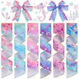 Yuxung 6 Rolls 30 Yards Mermaid Burlap Ribbons Mermaid Printed Wired Ribbon Colorful Laser Sequins Ribbon Sea Ocean Glitter Poly