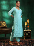 Libas Womens Embroidered Silk Blend Straight Kurta With Palazzos And Dupatta Blue L