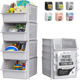 TidyFriend Stackable Storage Bins for Pantry, 4 Pack Stackable Bins For Organizing Food, Kitchen, and Bathroom Essentials (Light