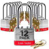 Lion Locks 12 Keyed Alike Padlocks with 2 Long Shackle, 24 Keys - Padlocks for Outdoor Use, Locks with Keys, Hardened Steel Case