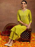 Libas Gerua Womens Embroidered Silk Blend Straight Kurta With Salwar Lime Green Xl