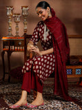 Libas Womens Printed Silk Blend Straight Kurta With Trousers And Dupatta Maroon L 39081B