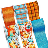 Whaline 6 Rolls Thanksgiving Fall Glitter Wired Edge Ribbons Blue Orange Pumpkin Plaid Craft Ribbon Autumn Fabric Wrapping Ribbo