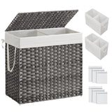 SONGMICS 130L Clothes Hamper with Lid, 2 Removable Liner Bags, 6 Mesh Bags, Wicker, Double Laundry Basket for Bathroom, 13 x 26