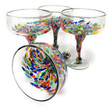 Mexican Hand Blown Glass - Set of 4 Hand Blown Margarita Glasses Confetti Carmen (16 oz)-New