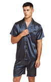 TONY AND CANDICE Mens Short Sleeve Satin Pajama Set with Shorts (Medium, Blue/Golden)