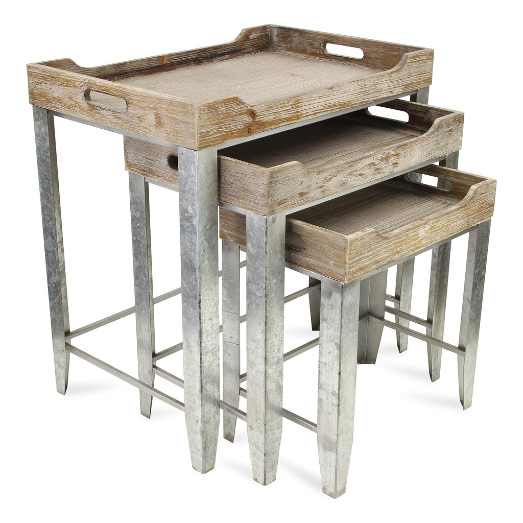 Cheung'S Set Of 3 Gray Wash Wood Top Side Handles And Galvanized Metal Base Nesting Table
