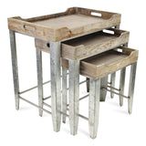 Cheung'S Set Of 3 Gray Wash Wood Top Side Handles And Galvanized Metal Base Nesting Table