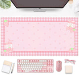 Cute Pink Plaid Desk Mats Strawberry Milk Gaming Desk Pad, Kawaii Extended Mouse Pad Kawaii Large Keyboard Mats XXL, Laptop Mat