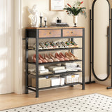 Kitstorack Shoe Rack, 5 Tier Shoe Organizer for 12-16 Pairs of Shoes, with 2 Drawers, 3 Fabric Shelves and Wooden Top, Shoe Rack
