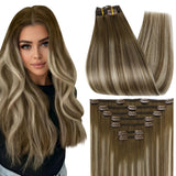 Full Shine Balayage Hair Extensions 22 Inch Real Human Hair Clip ins Chestnut Brown to Brown Mix Blonde Remy Clip in Hair Extens