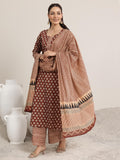 Libas Womens Printed Cotton Straight Kurta With Palazzos And Dupatta Maroon L