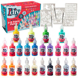 Fabric Paints Set of 24 (1oz bottles) Ultra Bright 3D Colors Includes Glitter, Metallic, Glow in Dark, Neon, 5 Stencils, & 3 B
