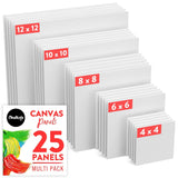 Chalkola Paint Canvases for Painting Multipack - 25 Pack Square Canvas Panels - 4x4, 6x6, 8x8, 10x10, 12x12 inch (5 Each) - 100%