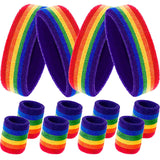 12 Pcs Rainbow Terry Cloth Sweatbands Set for Men & Women - 4 Striped Headbands, 8 Wristbands for Sports, Gym, LGBT Pride Parade