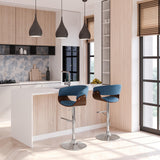 Simplihome Sheldon 34 Inch Wide Mid Century Modern Adjustable Swivel Bar Stool In Denim Blue Woven Polyester Fabric, For The Din