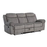 Benjara Fabric Upholstered Motion Sofa with Console and Cup Holder, Gray
