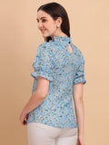 Wedani Women'S Casual Puff Sleeves Ruffled Collor Foral Top (Large Sky Blue),Sky Blue,L,Rayon,Regular,
