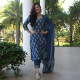 Gosriki Women'S Rayon Straight Printed Kurta With Pant & Dupatta (Bulgeriya Blue_M-Go_Blue_Medium),Blue,,B0B6FH6SVD