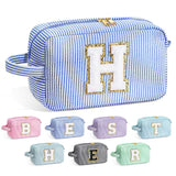 YOOLIFE Initial Makeup Bag for Women - Monogram Cute Blue Makeup Bag Cosmetic Toiletry Pouch Make Up Case for Women Her Best Fri