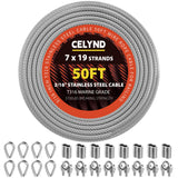 CELYND Stainless Steel Cable for Railing - 50FT 3/16 T316 Wire Rope - 7 x 19 Strands 3700 LBS Breaking Strength with Clamps Thim