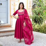 Anni Designer Women'S Rayon Viscose Embroidered Anarkali Kurta With Pant & Dupatta (Aparnaa Pink-Vks01_M_Pink_Medium),Pink,M,,,
