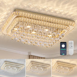 32 inch Crystal Flush Mount Chandelier, Modern Raindrop Crystal Gold Chandeliers with Remote and APP, 3 Colors Temp & Brightness