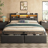 Furnulem King Bed Frame with Wood Headboard & Storage Drawers, Metal Platform Bed Frames King Size with LED Lights, Built in Cha