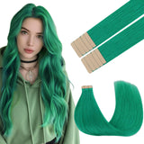 GOO GOO Tape in Hair Extensions Human Hair, Green, 18inch 25g 10pcs, Colored Tape ins Human Hair Extensions, Silky&Soft Invisibl