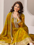 Mustard Floral Printed Anarkali Kurta With Embellishment & Printed Trouser With Leheriya Dupatta Mustard M