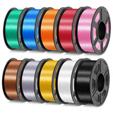 TECBEARS Silk Filament Bundle, 10KG Shiny Silk PLA Filament with Smooth Silky Surface, Pack of 10, Light Gold+Sliver+Black+White