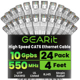 GearIT Cat 6 Ethernet Cable (24-Pack 4 Feet) Cat6 Network Patch, 10Gbps, RJ45, Snagless Cord, Gold-Plated Connectors, Internet f