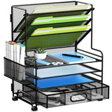 MINDEPOT 4-Tier Paper Organizer + 3-Pocket File Holder + Drawer + Pen Holders, Desktop File Organizers Paper Tray for Office Acc