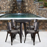 Flash Furniture Commercial Grade 24 Round Black-Antique Gold Metal Indoor-Outdoor Table Set with 4 Arm Chairs